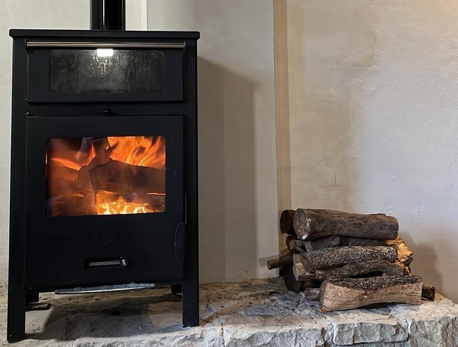 Beautiful living room with wood stove